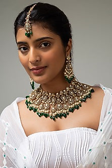 Gold Finish Kundan Polki & Green Stone Necklace Set