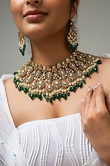 Gold Finish Kundan Polki & Green Stone Necklace Set