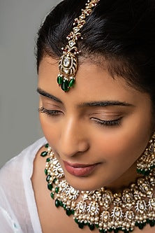 Gold Finish Kundan Polki & Green Stone Necklace Set