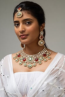 Gold Finish Kundan Polki & Red Stone Necklace Set
