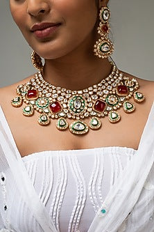 Gold Finish Kundan Polki & Red Stone Necklace Set