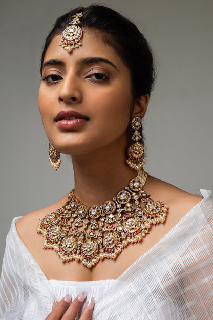 Gold Finish Kundan Polki & Red Stone Necklace Set
