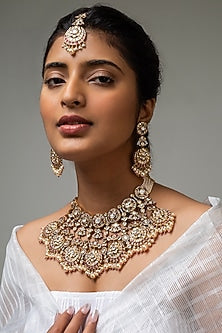 Gold Finish Kundan Polki & Red Stone Necklace Set