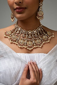 Gold Finish Kundan Polki & Red Stone Necklace Set