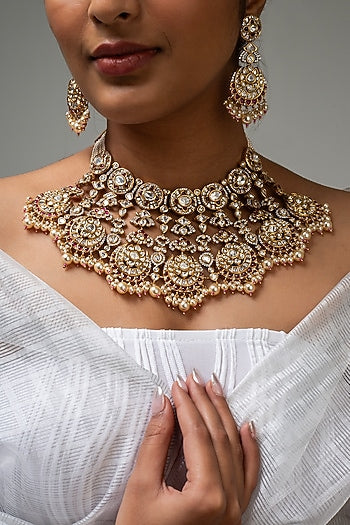 Gold Finish Kundan Polki & Red Stone Necklace Set
