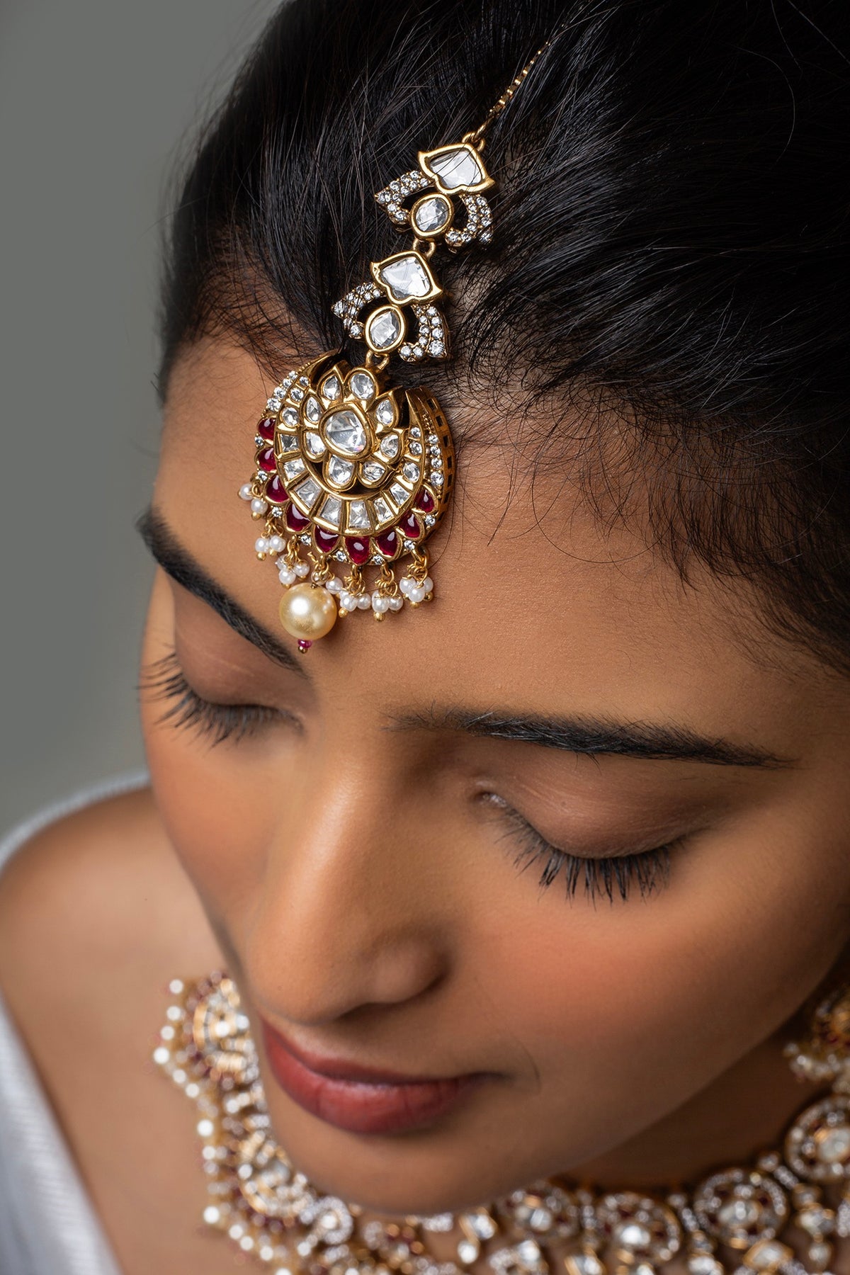 Gold Finish Kundan Polki & Red Stone Necklace Set