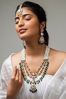 Gold Finish Kundan Polki & Green Stone Long Necklace Set