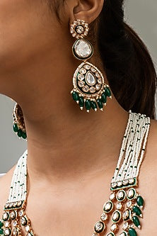 Gold Finish Kundan Polki & Green Stone Long Necklace Set