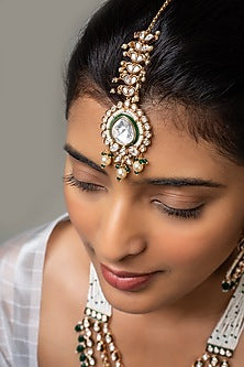 Gold Finish Kundan Polki & Green Stone Long Necklace Set