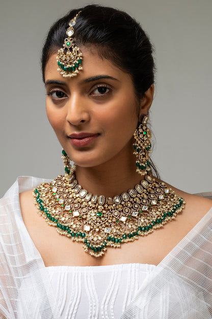 Gold Finish Kundan Polki & Green Stone Necklace Set