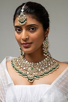 Gold Finish Kundan Polki & Green Stone Necklace Set