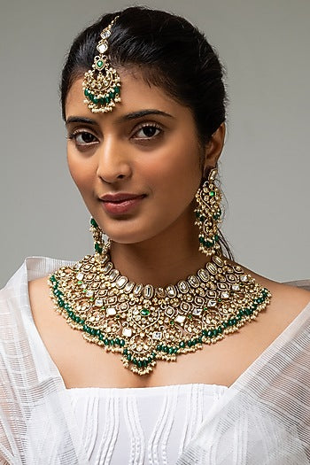 Gold Finish Kundan Polki & Green Stone Necklace Set