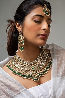 Gold Finish Kundan Polki & Green Stone Necklace Set