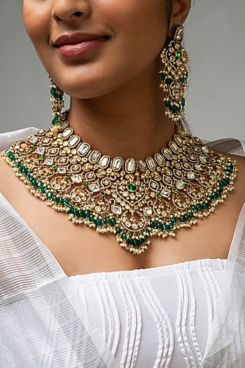Gold Finish Kundan Polki & Green Stone Necklace Set