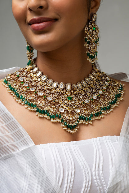 Gold Finish Kundan Polki & Green Stone Necklace Set