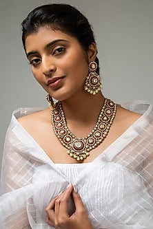 Gold Finish Kundan Polki & Red Stone Necklace Set