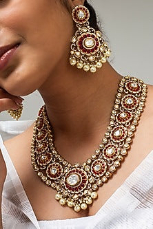 Gold Finish Kundan Polki & Red Stone Necklace Set