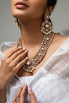 Gold Finish Kundan Polki & Red Stone Necklace Set