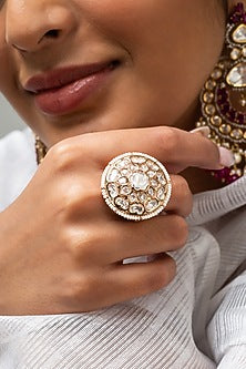 Gold Finish Kundan Polki & White Stone Ring