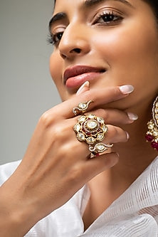 Gold Finish Kundan Polki & Red Stone Ring