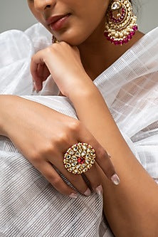 Gold Finish Kundan Polki & Red Stone Ring