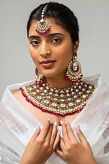 Gold Finish Kundan Polki & Red Stone Necklace Set