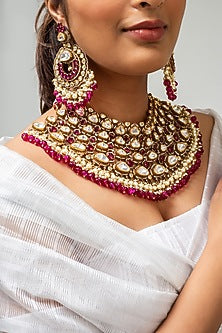 Gold Finish Kundan Polki & Red Stone Necklace Set