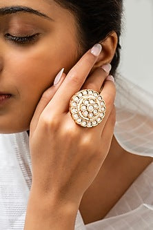 Gold Finish Kundan Polki & White Stone Ring