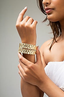 Gold Finish Kundan Polki & White Stone Kadas (Set Of 2)