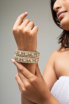 Gold Finish Kundan Polki & White Stone Kadas (Set Of 2)