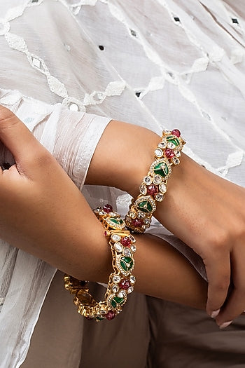 Gold Finish Kundan Polki & Multi-Colored Stone Kadas (Set Of 2)