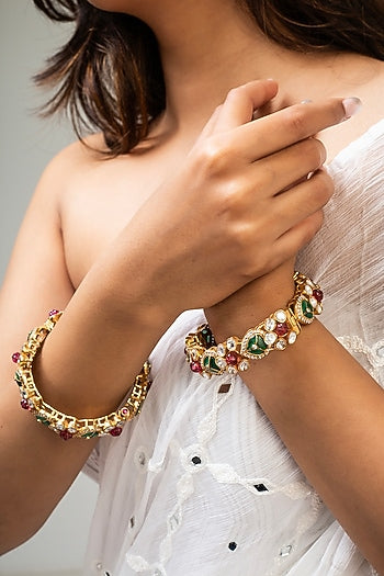 Gold Finish Kundan Polki & Multi-Colored Stone Kadas (Set Of 2)