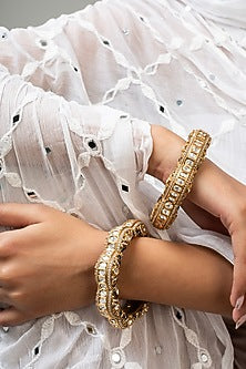 Gold Finish Kundan Polki & Blue Stone Kadas (Set Of 2)