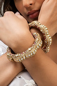 Gold Finish Kundan Polki & Red Stone Kadas (Set Of 2)