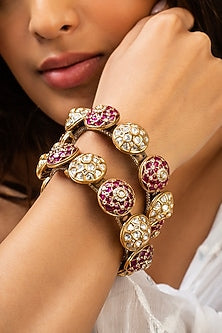 Gold Finish Red Kundan Polki Kadas (Set Of 2)