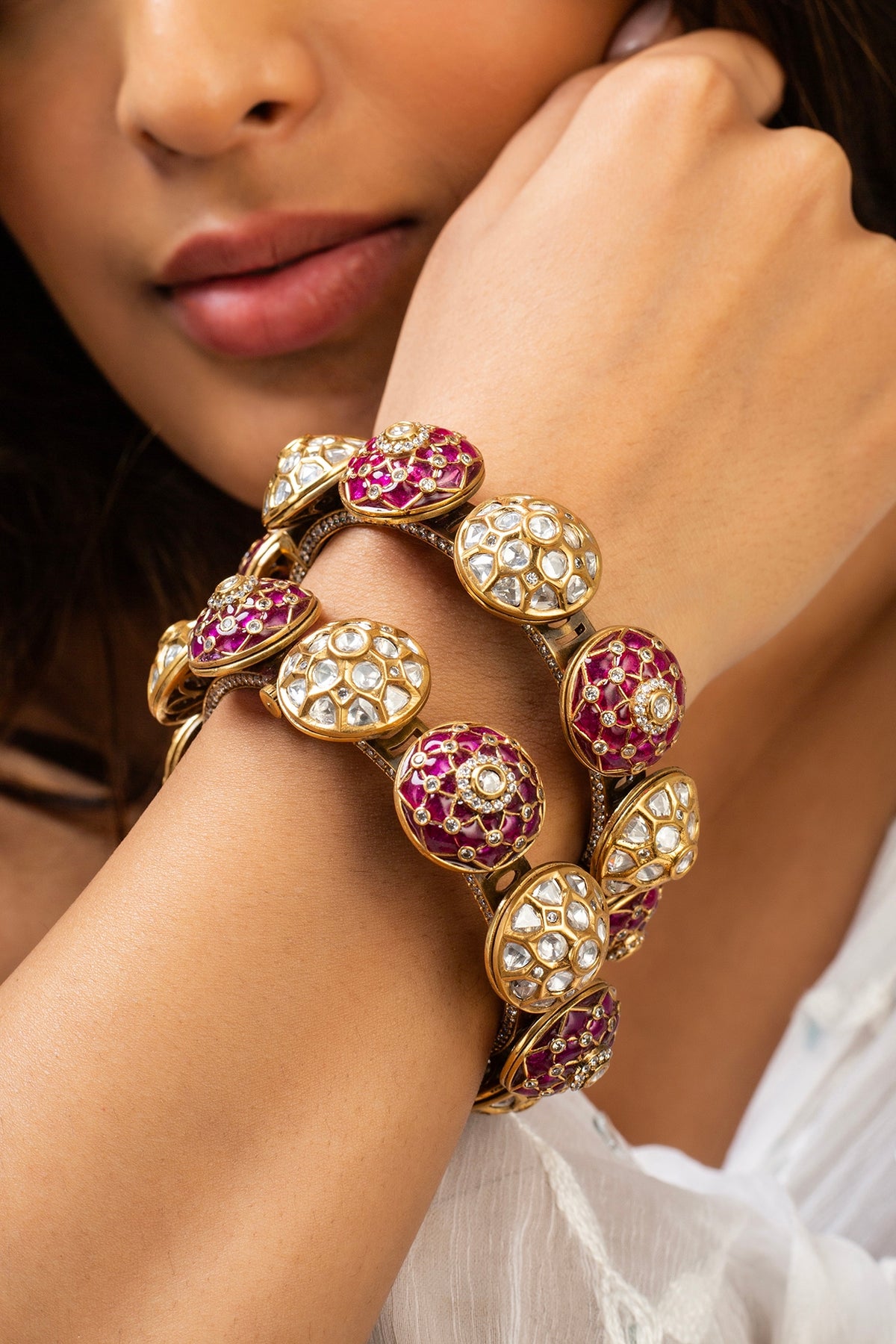 Gold Finish Red Kundan Polki Kadas (Set Of 2)