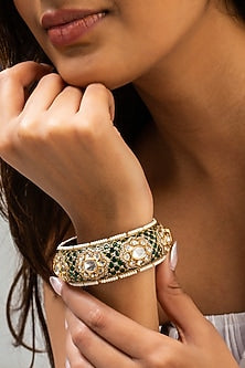 Gold Finish Green Kundan Polki Kadas (Set Of 2)