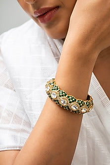 Gold Finish Green Kundan Polki Kadas (Set Of 2)