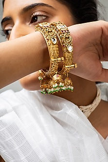 Gold Finish Kundan Polki & Multi-Colored Stone Kadas (Set Of 2)