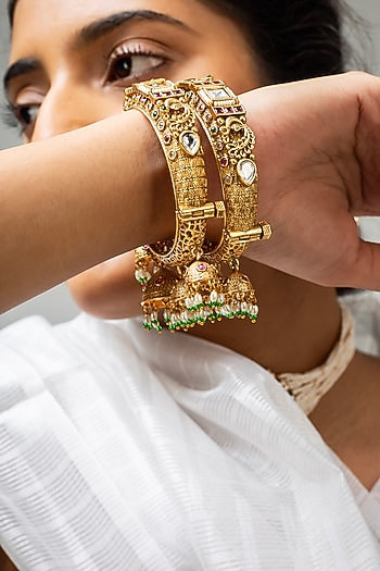 Gold Finish Kundan Polki & Multi-Colored Stone Kadas (Set Of 2)