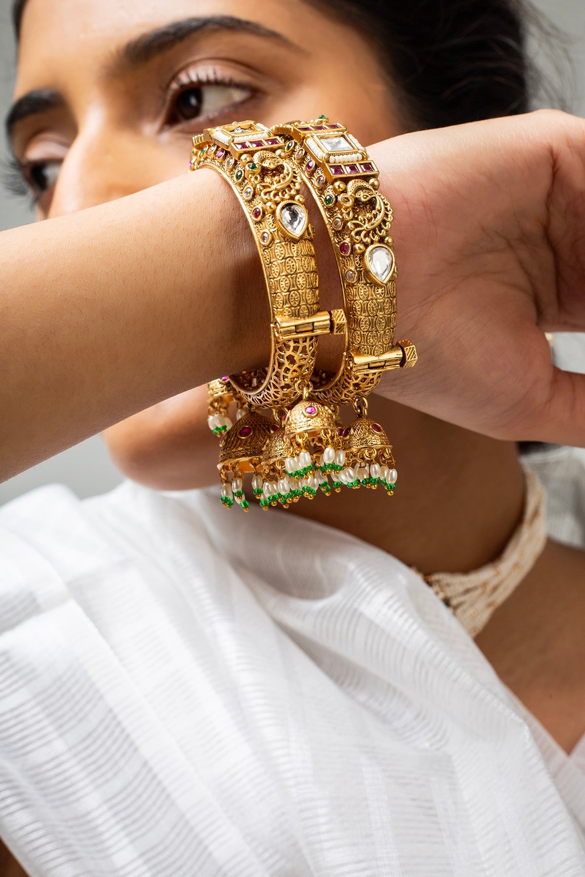 Gold Finish Kundan Polki & Multi-Colored Stone Kadas (Set Of 2)