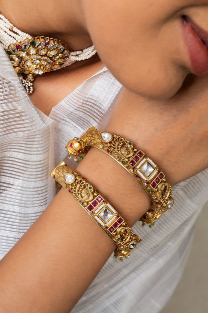 Gold Finish Kundan Polki & Multi-Colored Stone Kadas (Set Of 2)