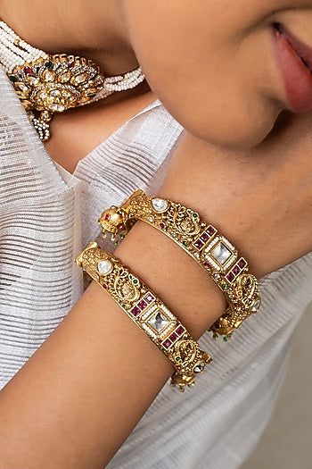 Gold Finish Kundan Polki & Multi-Colored Stone Kadas (Set Of 2)