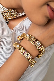 Gold Finish Kundan Polki & Multi-Colored Stone Kadas (Set Of 2)