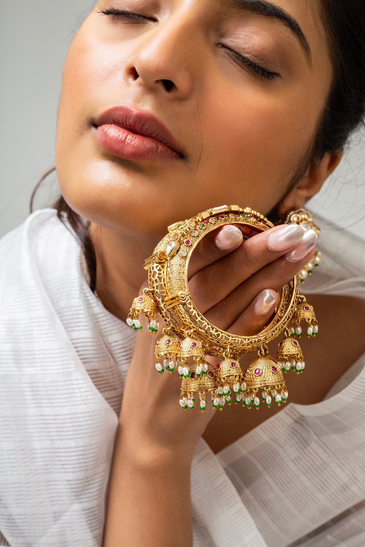 Gold Finish Kundan Polki & Multi-Colored Stone Kadas (Set Of 2)
