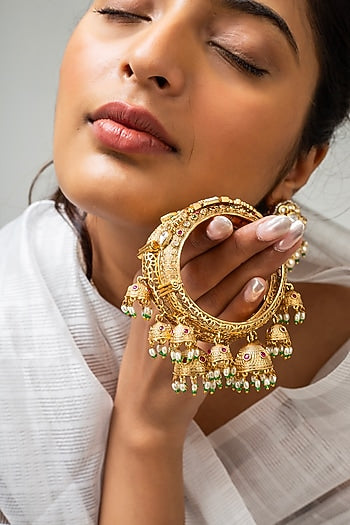 Gold Finish Kundan Polki & Multi-Colored Stone Kadas (Set Of 2)