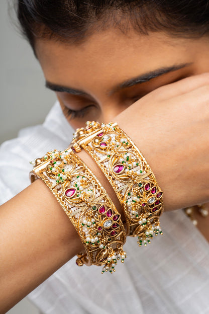 Gold Finish Kundan Polki & Red Stone Kadas (Set Of 2)