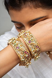 Gold Finish Kundan Polki & Red Stone Kadas (Set Of 2)