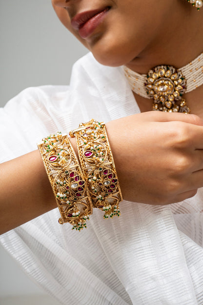 Gold Finish Kundan Polki & Red Stone Kadas (Set Of 2)