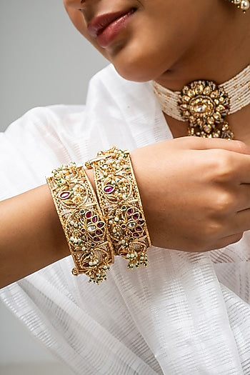 Gold Finish Kundan Polki & Red Stone Kadas (Set Of 2)
